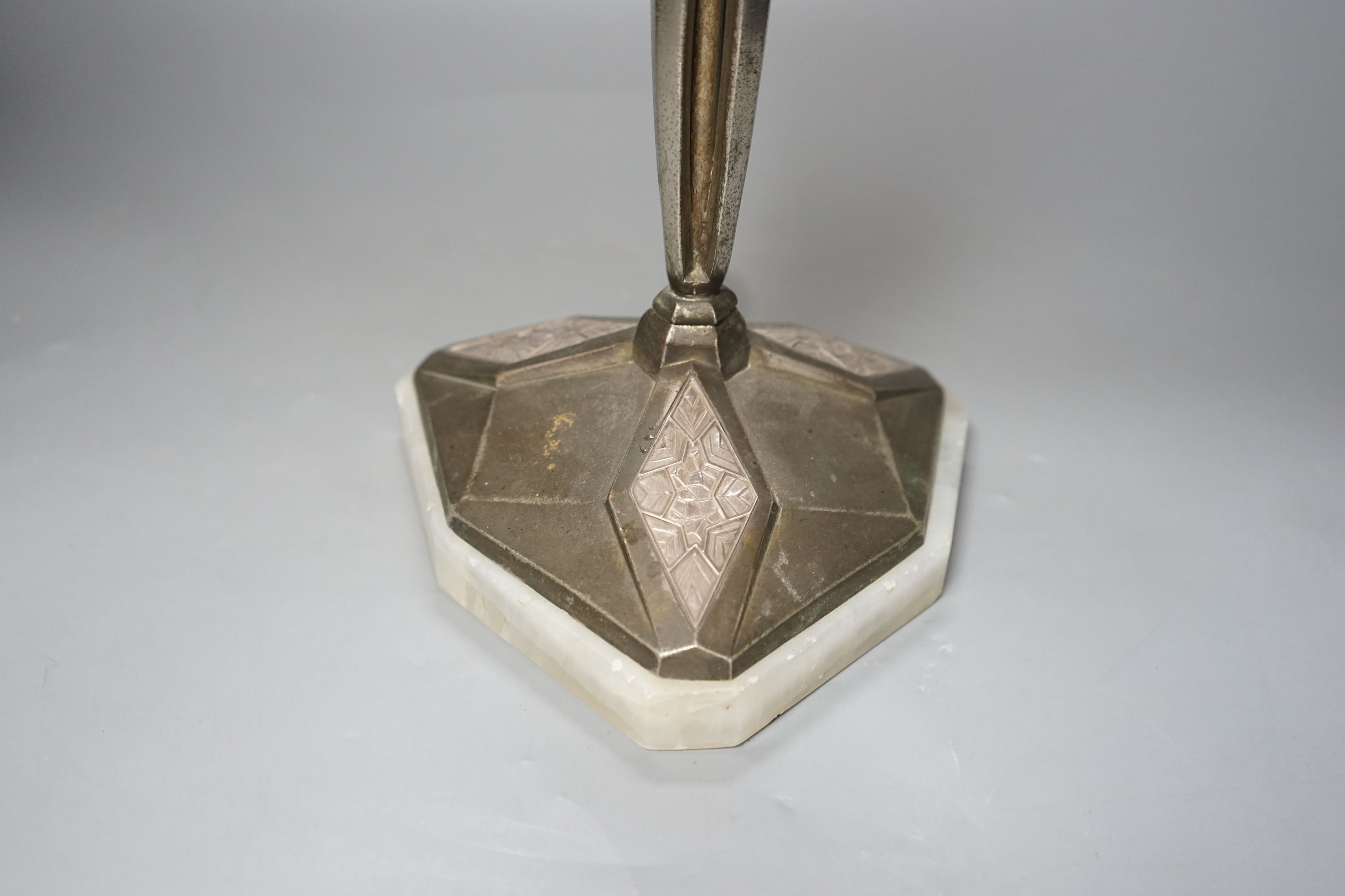 A Secessionist metal table lamp base - indistinctly initialled, 64cms high